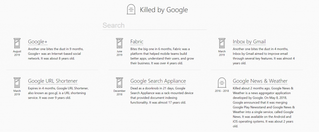 Google w ciągu ostatniej dekady testował sporo usług. Powstał dla nich specjalny cmentarz 12 google cmentarz 2