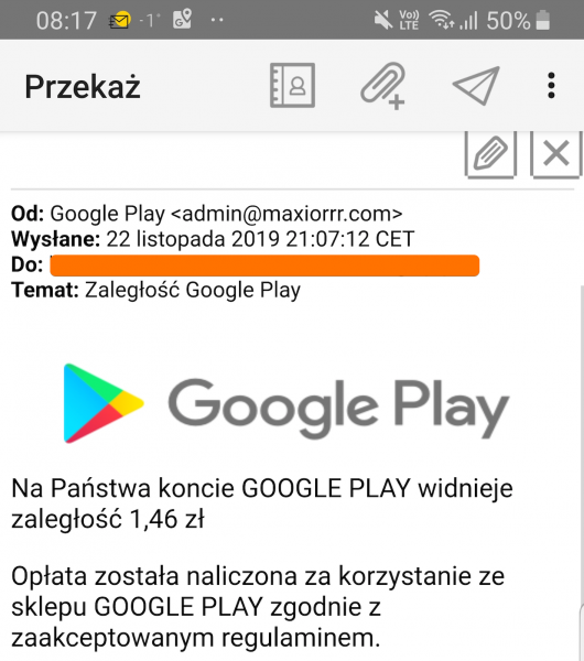Uwaga na fałszywe maile! Tym razem oszuści podają się za Google... 11 Sklep Play Google Zaległość niebezpiecznik