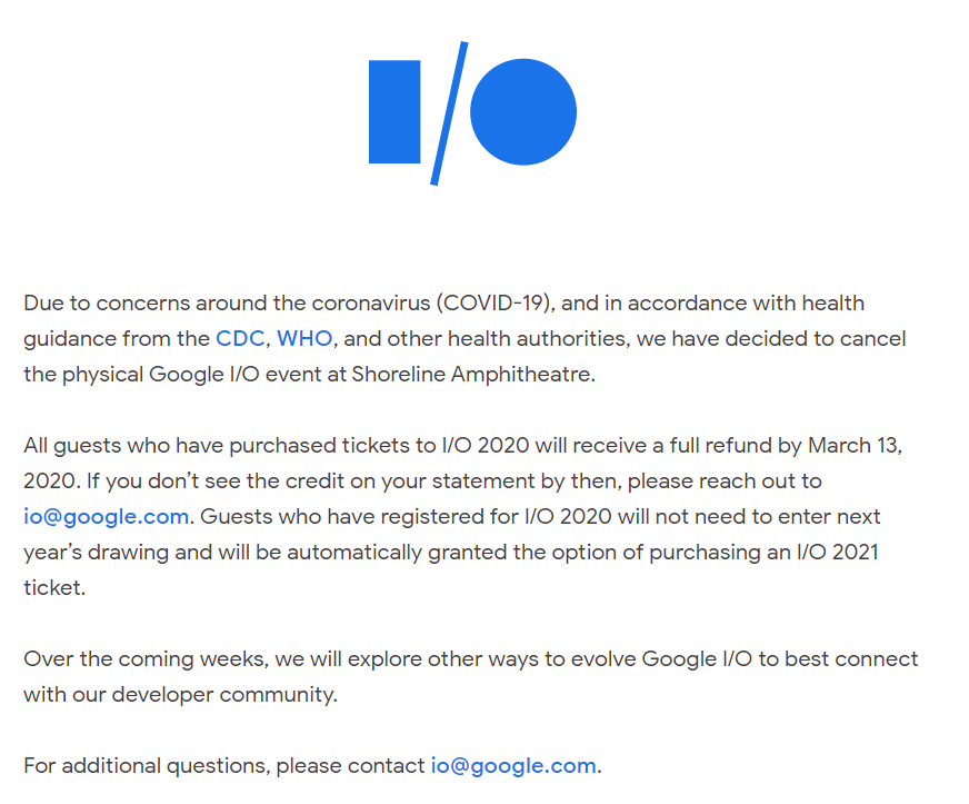 Google odwołuje konferencje I/O 2020 z powodu koronawirusa