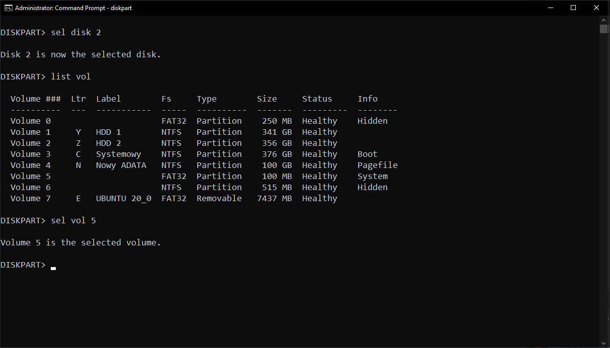 Jak usunąć GRUB-a z partycji EFI w Windowsie 10 13 sel disk