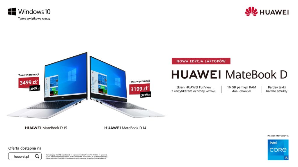 Nowości Huawei w Polsce: Watch Fit, Band 6, MediaPad oraz laptopy MateBook D 15 i D 14.