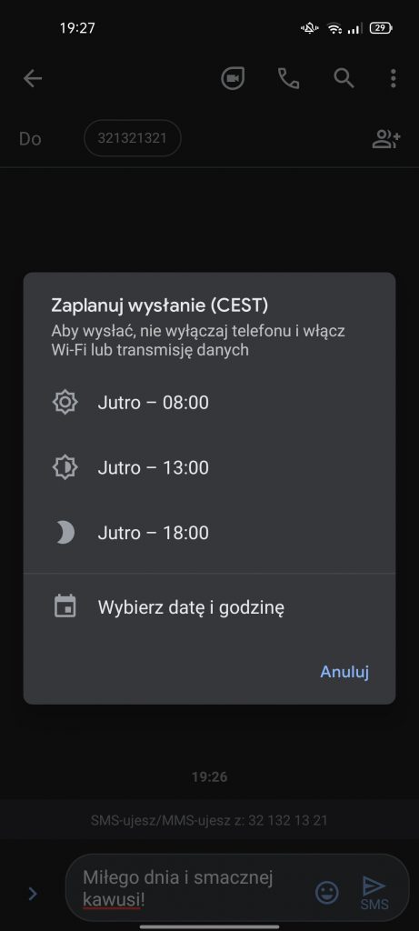 Jak wysłać zaplanowanego SMS-a na Androidzie? 13 wysyłanie zaplanowanego SMS-a