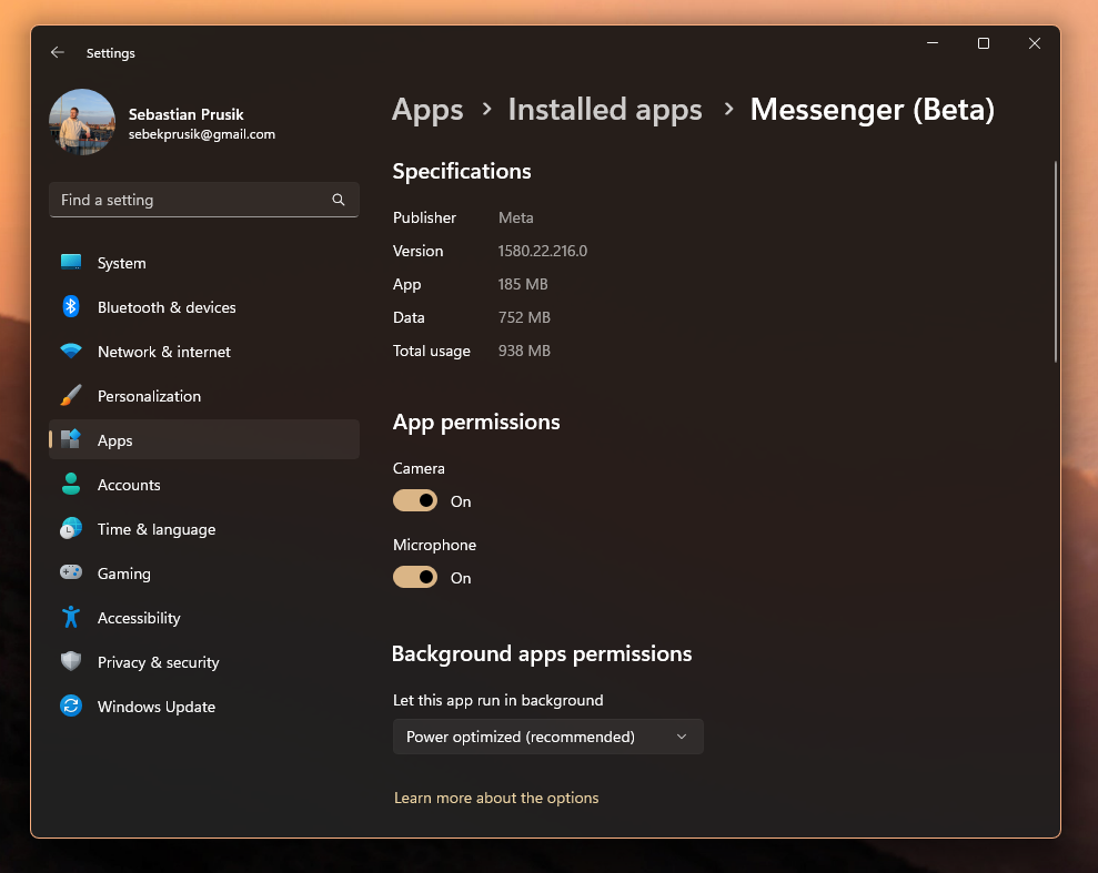 Windows 11 Settings - Messenger Beta - Version 1580.22.216.0
