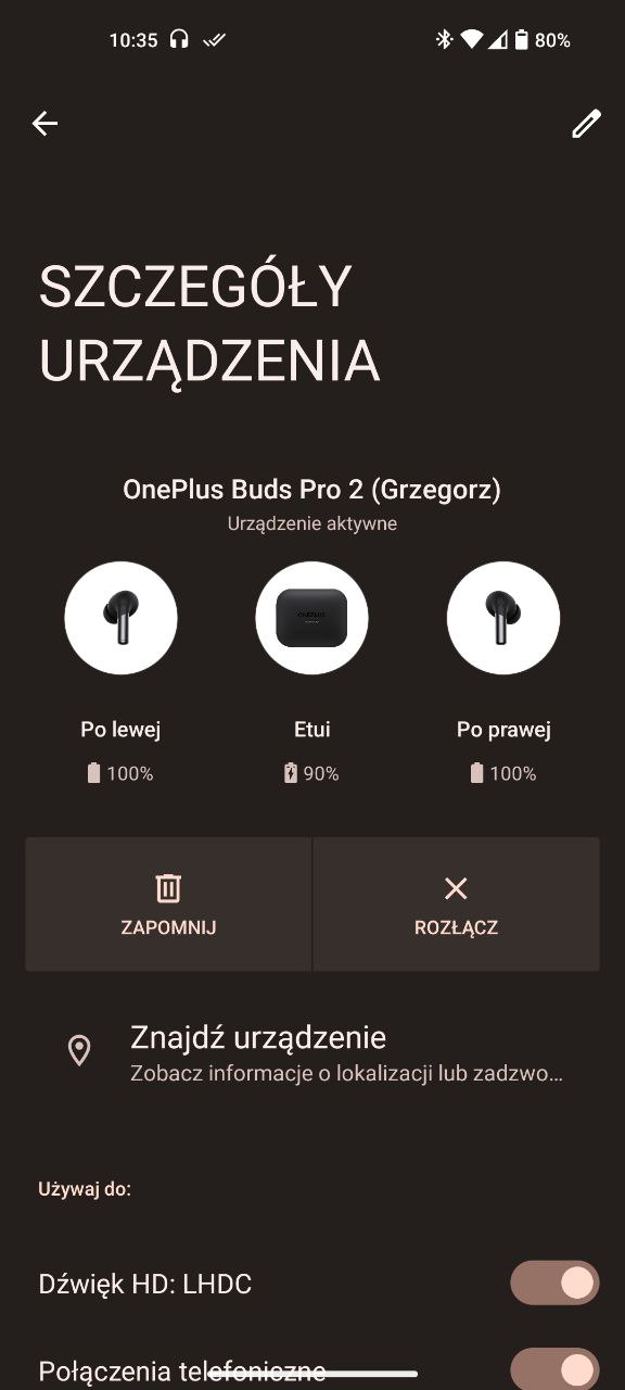 Słuchawki OnePlus w ustawieniach systemowych