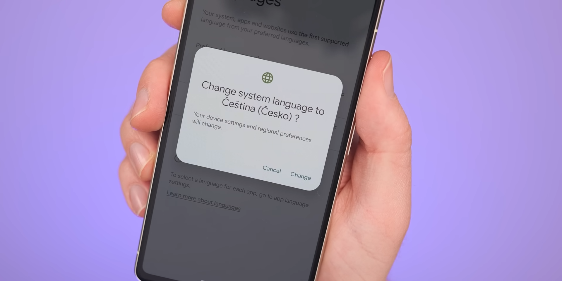 Android 14 Beta 1 - Potwierdzenie zmiany języka systemu