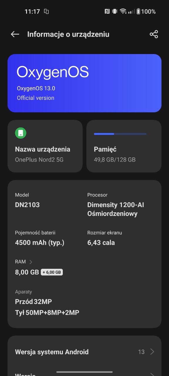 OnePlus Nord 2 po aktualizacji do Androida 13