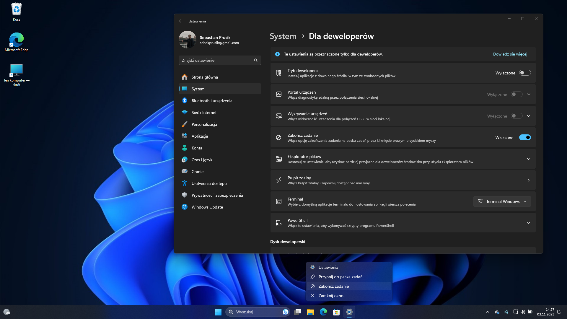 Windows 11 2023 Update - 23H2 - Opcja Zakończ zadanie w menu kontekstowym aplikacji na pasku zadań