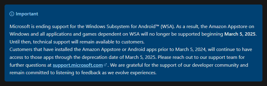 Komunikat o zakończeniu wsparcia dla Windows Subsystem for Android (WSA)