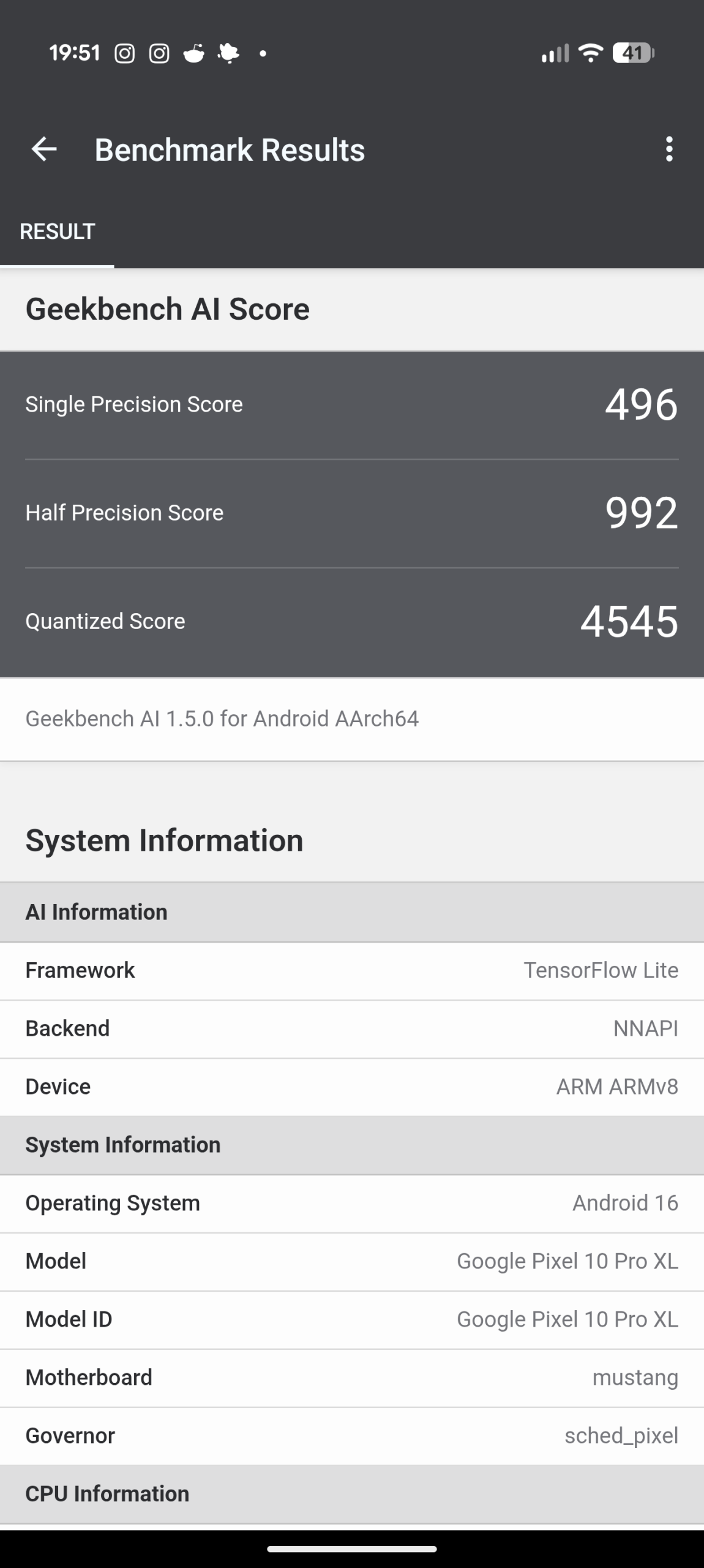 Google Pixel 10 Pro XL - Recenzja 50 Google Pixel 10 Pro XL - Geekbench AI 1.5.0 - TensorFlow Lite - NNAPI