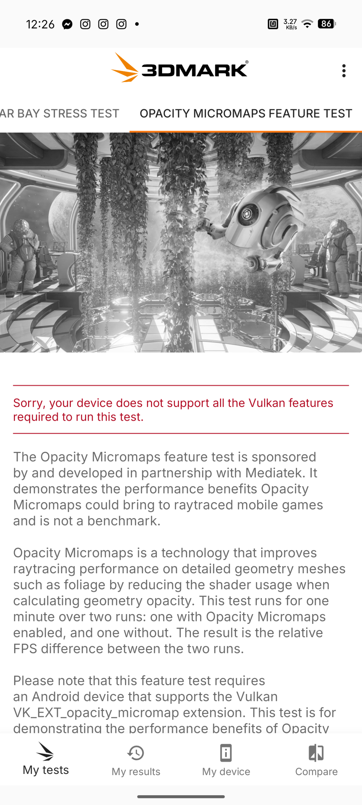 Nothing Phone (4a) - Recenzja 42 Nothing Phone (4a) - 3DMark 2.6.5025 - Opacity Micromap Feature Test (Test niedostępny)