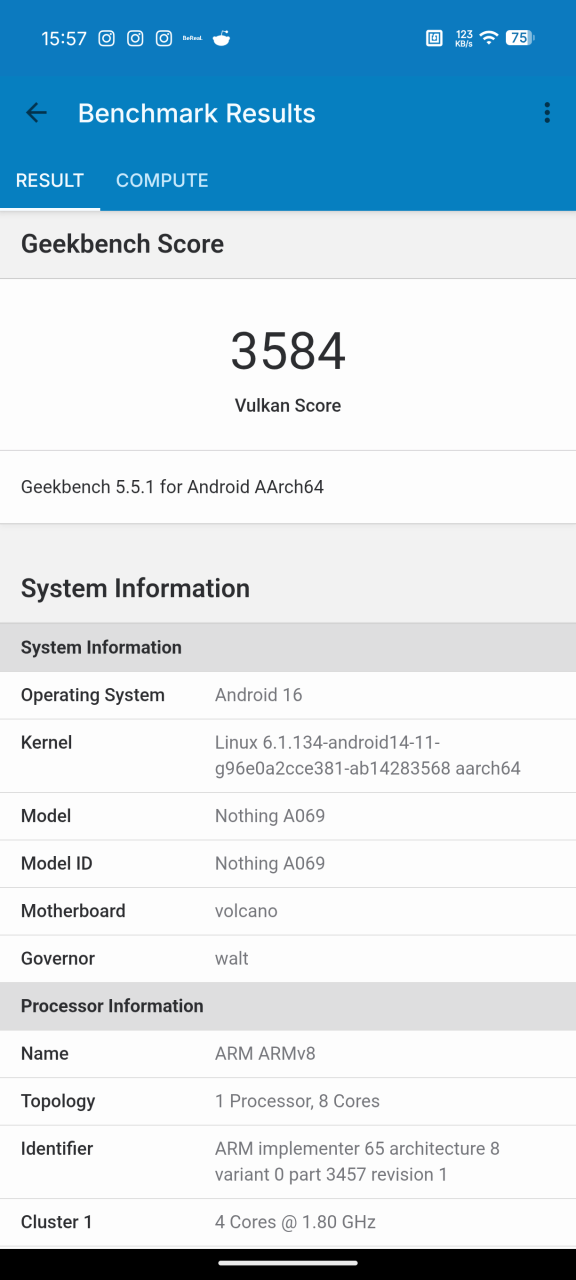Nothing Phone (4a) - Recenzja 45 Nothing Phone (4a) - Geekbench 5.5.1 - GPU Benchmark - Vulkan