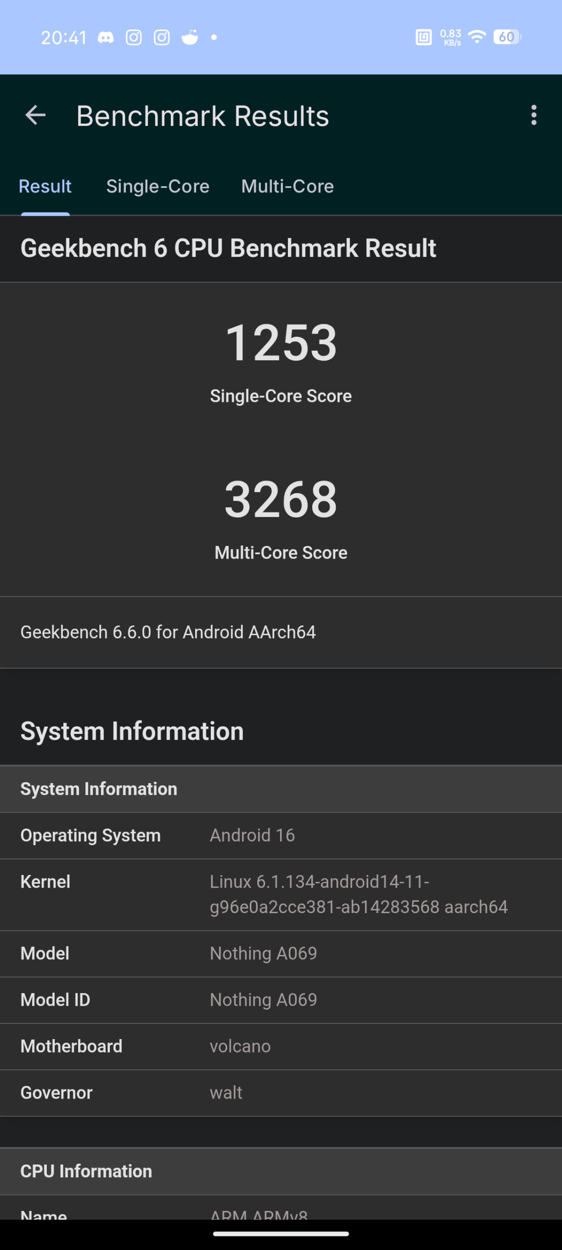 Nothing Phone (4a) - Recenzja 46 Nothing Phone (4a) - Geekbench 6.6.0 - CPU Benchmark
