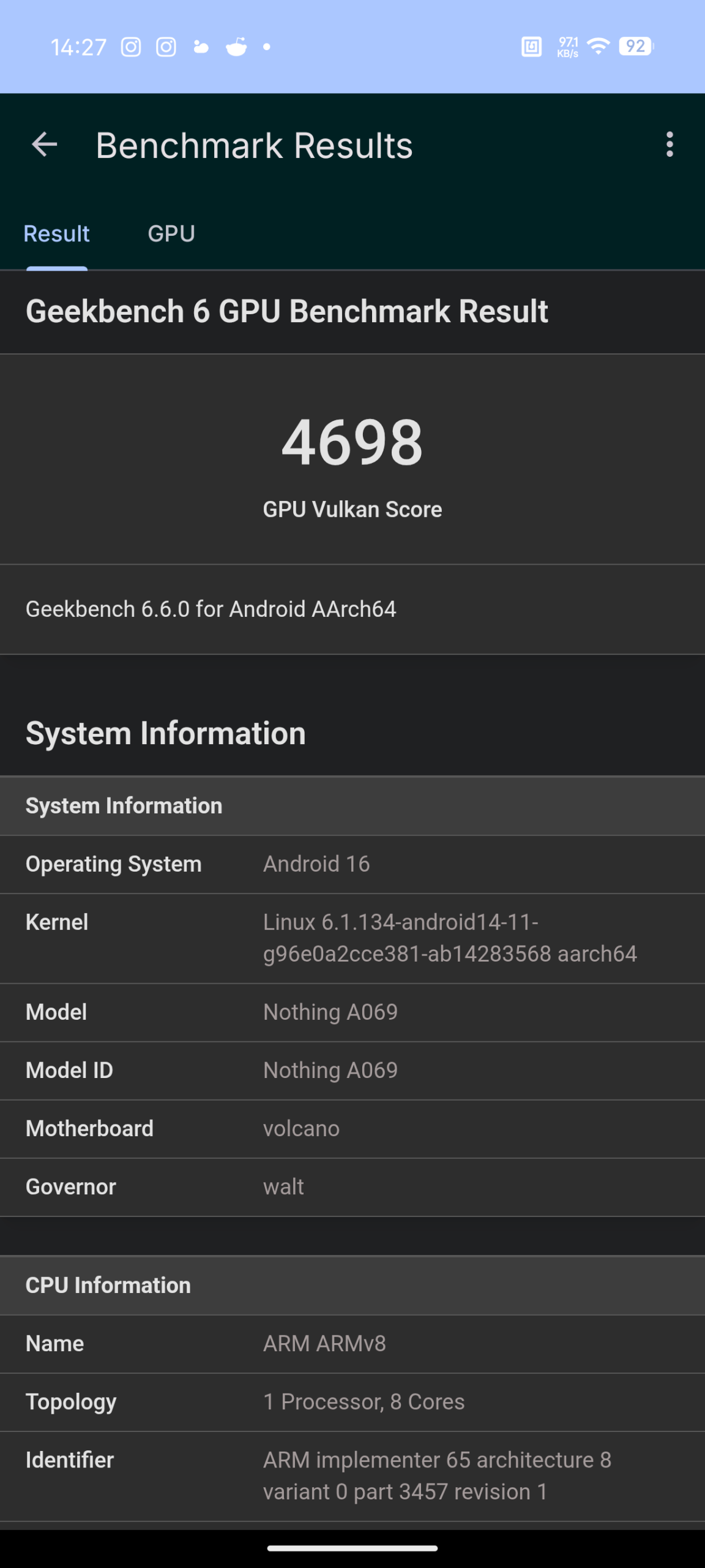 Nothing Phone (4a) - Recenzja 48 Nothing Phone (4a) - Geekbench 6.6.0 - GPU Benchmark - Vulkan