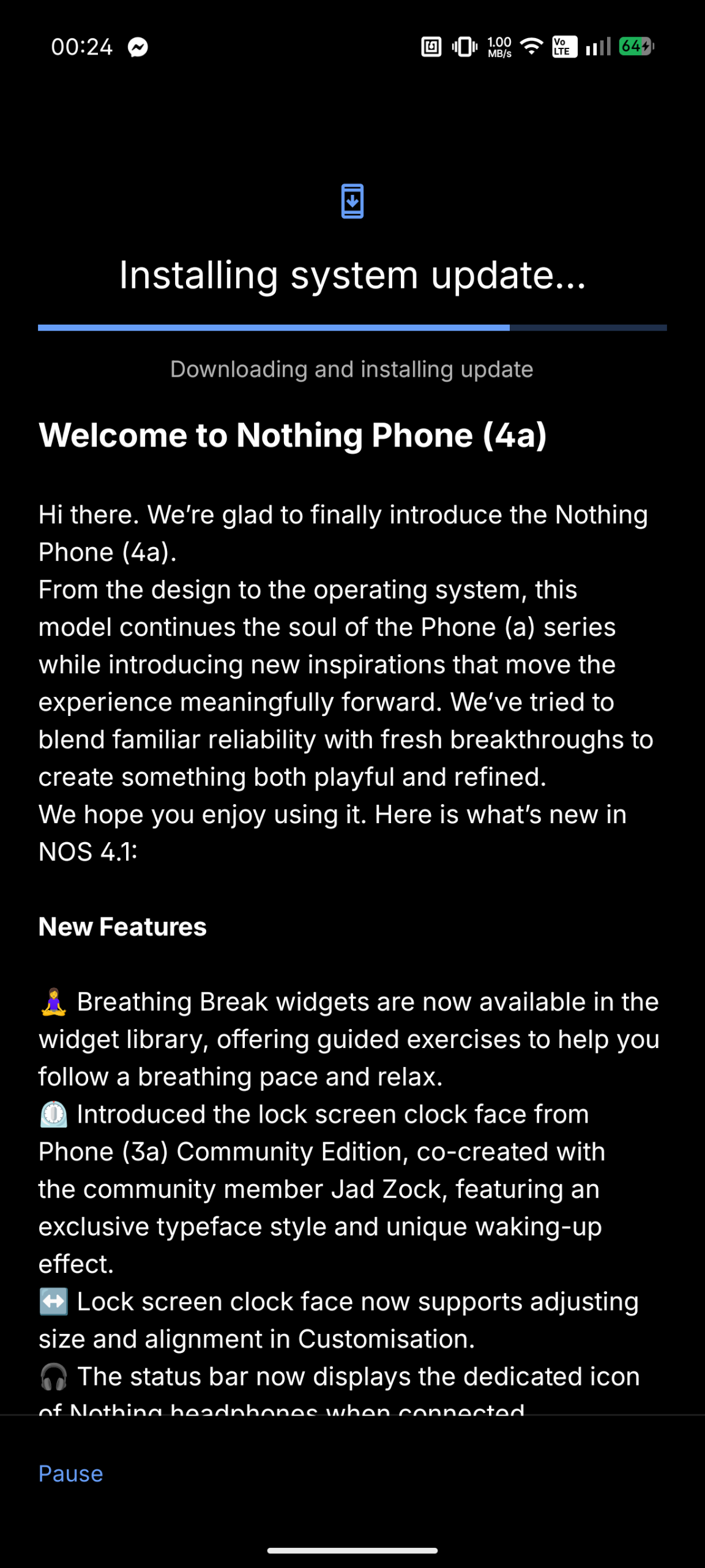 Nothing Phone (4a) - Recenzja 62 Nothing Phone (4a) - Pobieranie i instalowanie aktualizacji systemu #1 (Android 16; Nothing OS 4.1 - Frogger-B4.1-260204-2218-EEA)