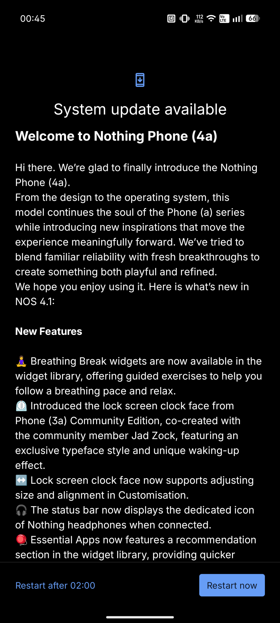 Nothing Phone (4a) - Recenzja 64 Nothing Phone (4a) - Urządzenie gotowe do ponownego uruchomienia po aktualizacji #1 (Android 16; Nothing OS 4.1 - Frogger-B4.1-260204-2218-EEA)