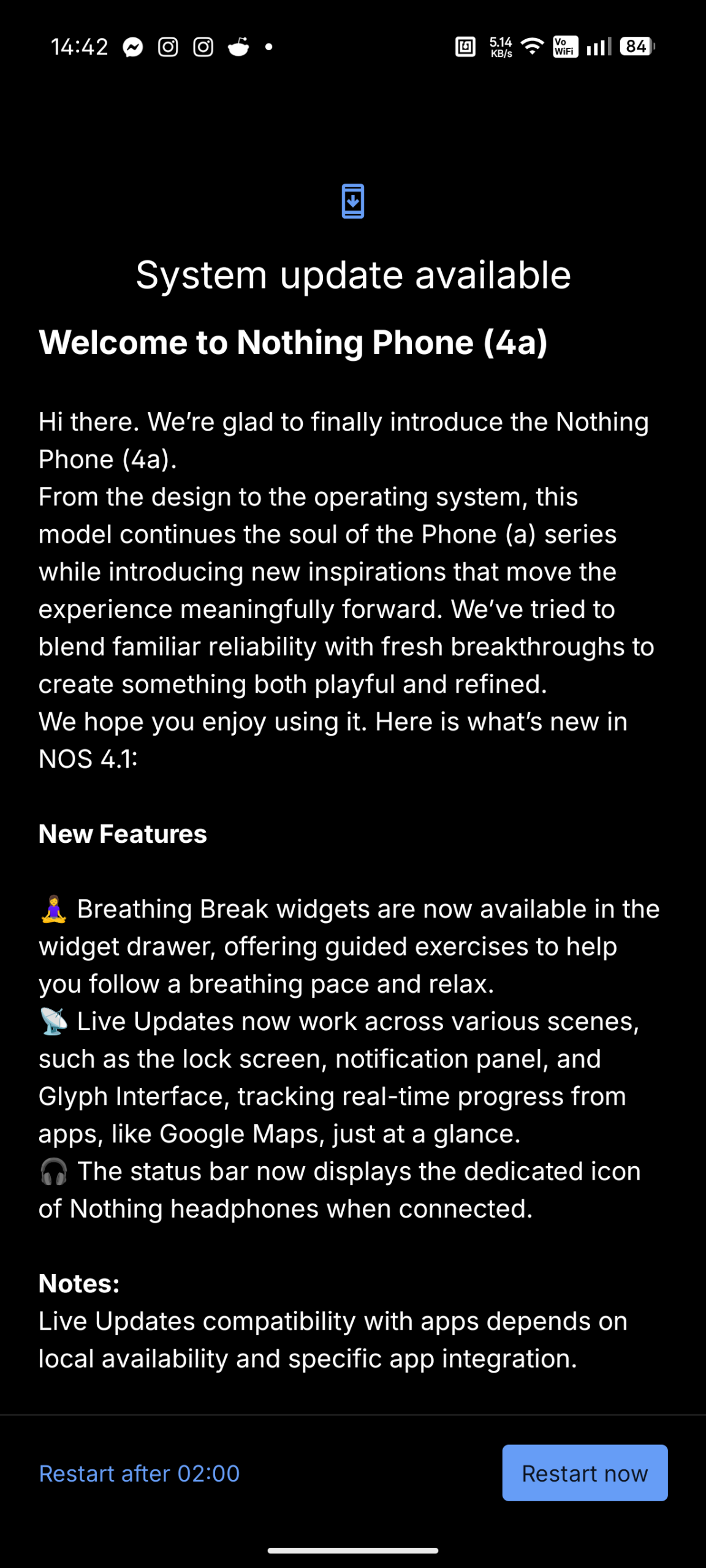 Nothing Phone (4a) - Recenzja 68 Nothing Phone (4a) - Urządzenie gotowe do ponownego uruchomienia po aktualizacji #2 (Android 16; Nothing OS 4.1 - Frogger-B4.1-260309-1830-EEA)