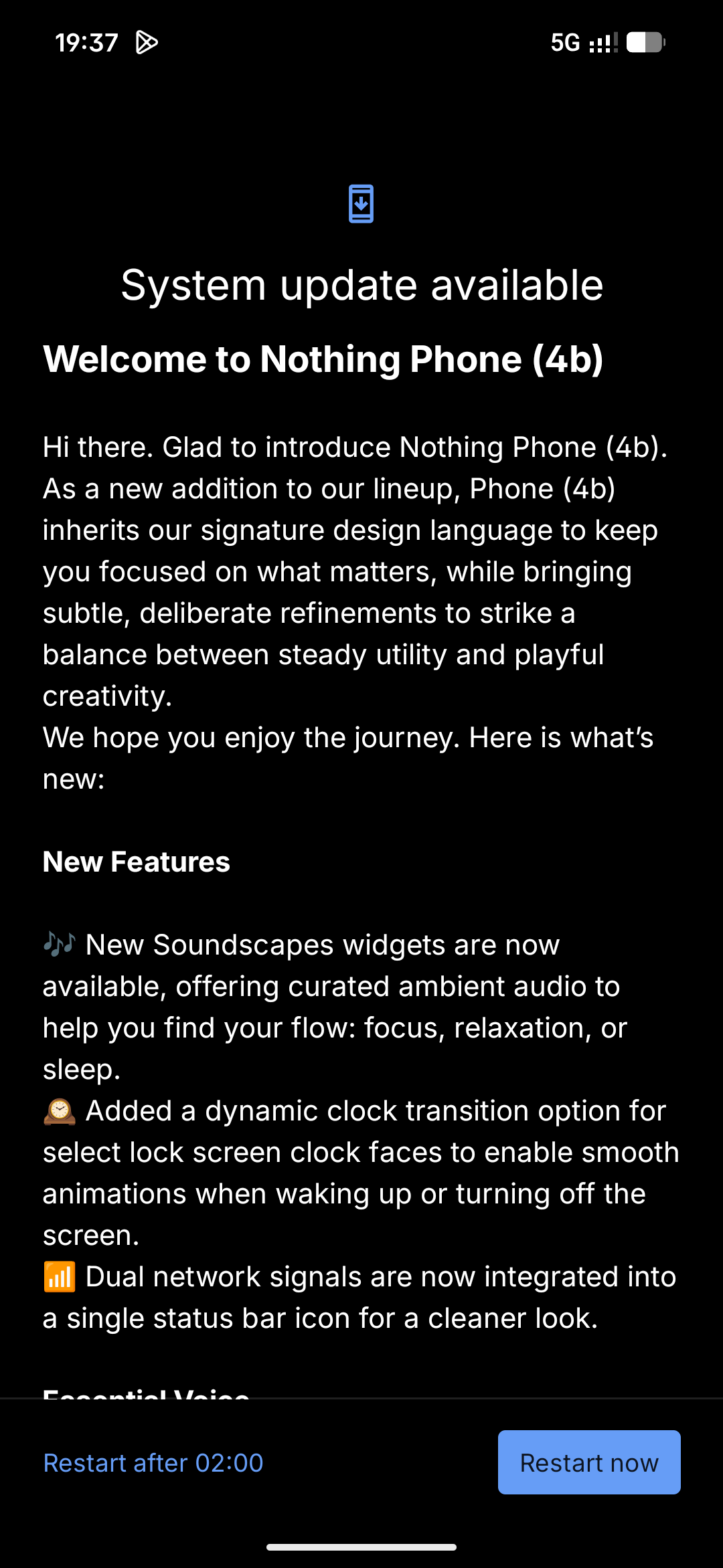 Nothing Phone (4b) - Recenzja 69 Nothing Phone (4b) - Urządzenie gotowe do ponownego uruchomienia po aktualizacji #1 (Android 16; Nothing OS 4.1 - SuperContra-B4.1-260618-1034)