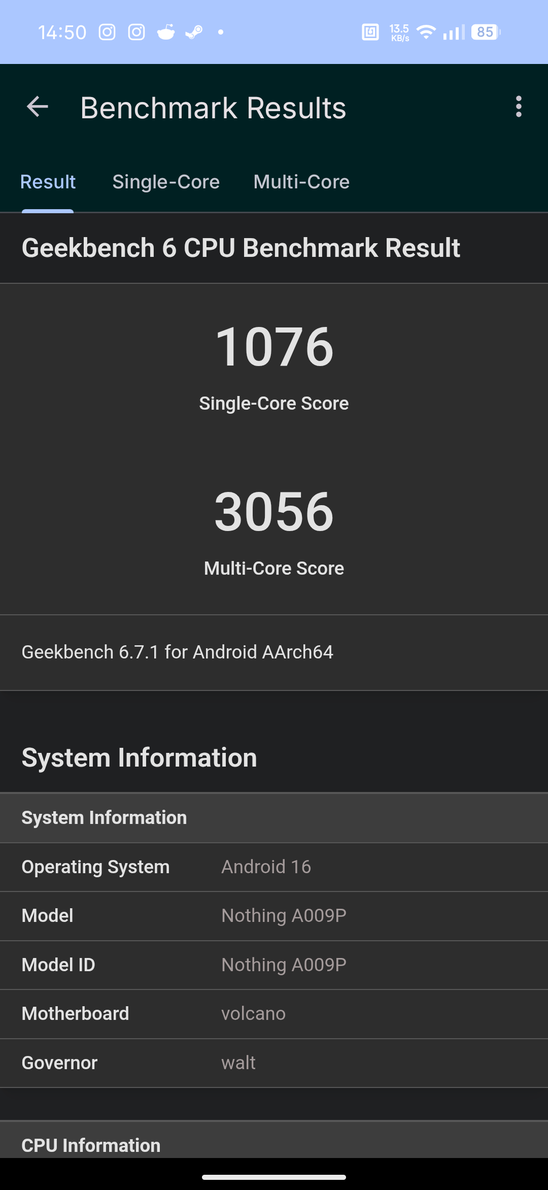 Nothing Phone (4b) - Recenzja 46 Nothing Phone (4b) - Geekbench 6.7.1 - CPU Benchmark