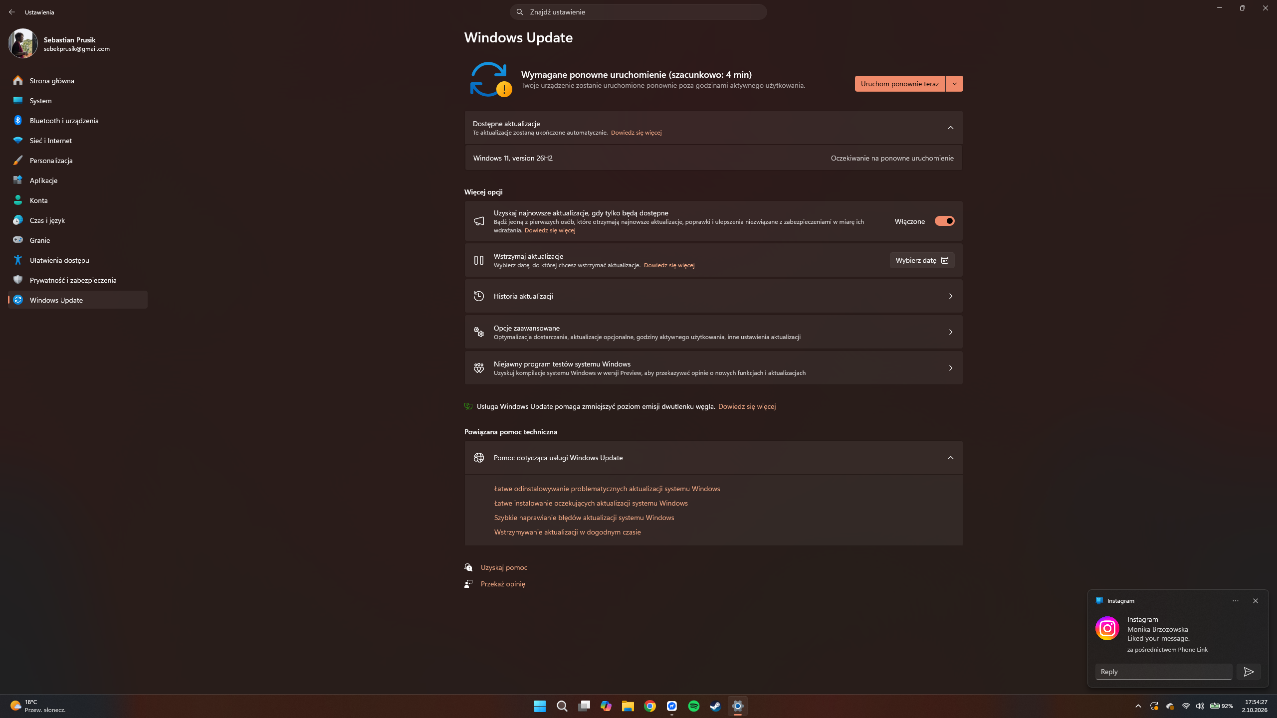 Windows 11 2026 Update (26H2) od wczoraj dostępny do pobrania! 14 Windows 11 - Aktualizacja Windows 11 2026 Update oczekuje na ponowne uruchomienie systemu do ukończenia aktualizacji